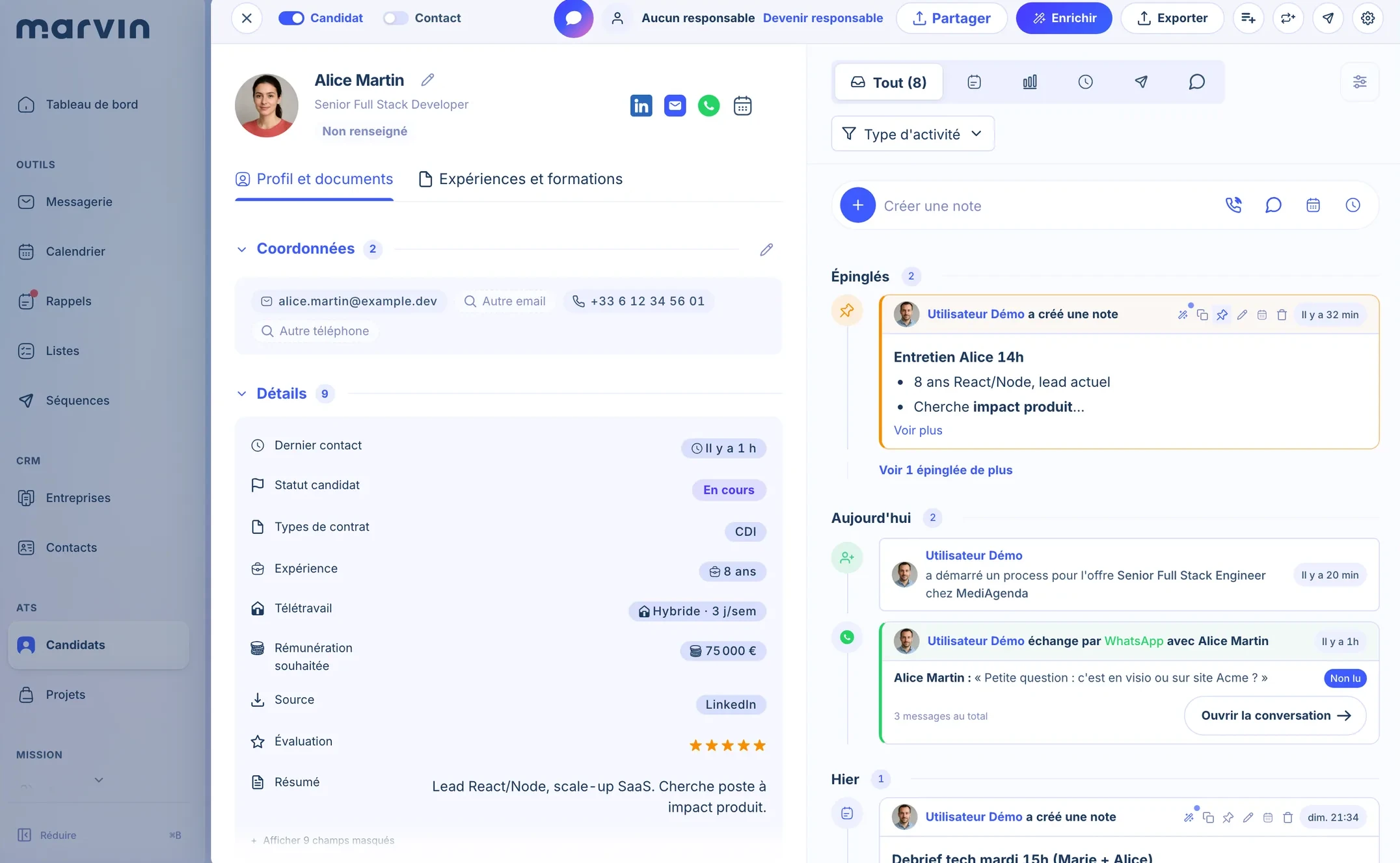 Fiche candidat dans Marvin Desk, avec ses détails et le fil de ses notes et échanges