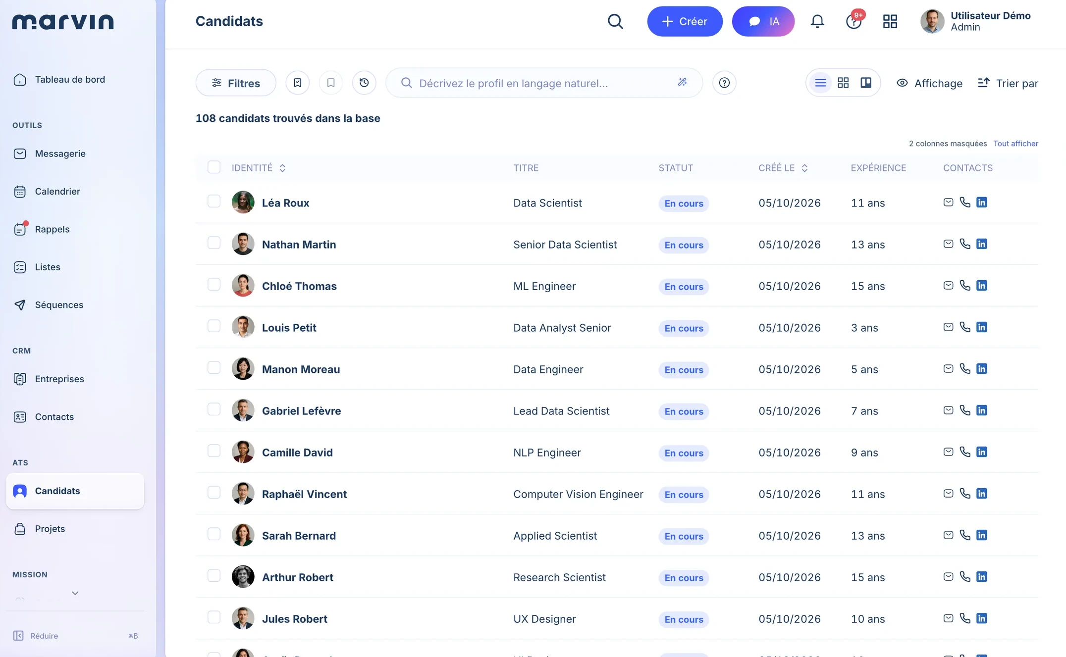Liste des candidats dans Marvin Desk, avec titre, statut, expérience et coordonnées