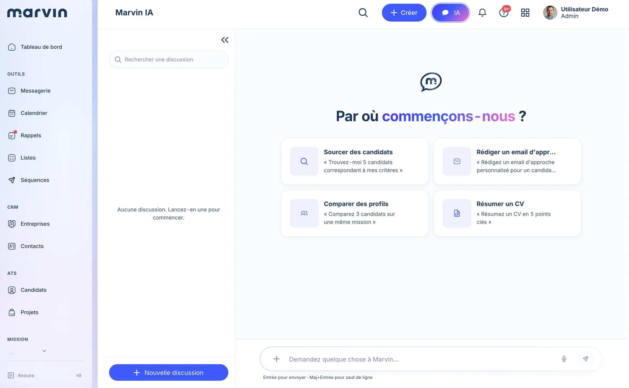 Écran d'accueil du Copilot IA de Marvin, avec des suggestions de demandes