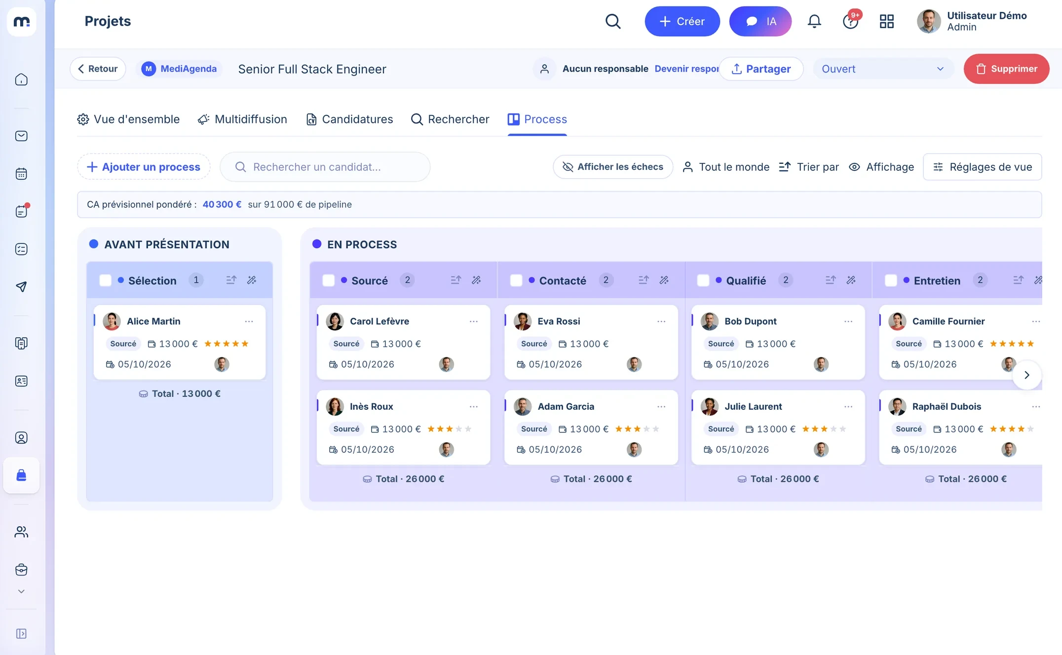 Kanban des candidats d'une offre dans Marvin Desk, de la sélection à l'entretien